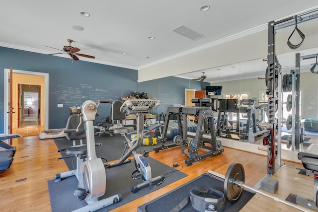 exercise room featuring ornamental molding, ceiling fan, and light wood-type flooring