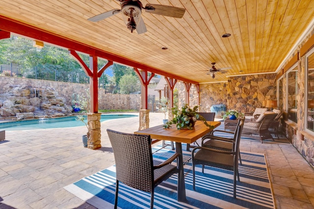 view of patio featuring ceiling fan and a fenced in pool