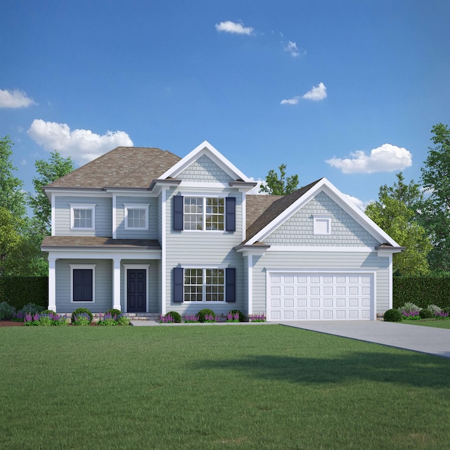 view of front of house with a front lawn and a garage