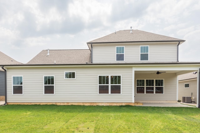 back of property featuring a patio, a yard, central air condition unit, and ceiling fan