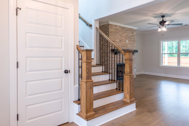 stairway featuring ceiling fan, crown molding, and hardwood / wood-style floors