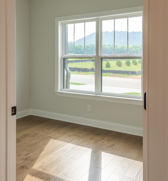 empty room with a mountain view, a healthy amount of sunlight, and light hardwood / wood-style flooring