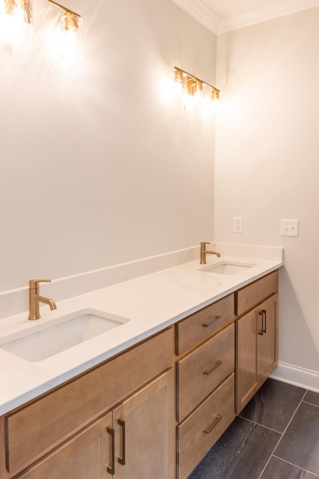 bathroom featuring vanity, ornamental molding, and tile patterned floors