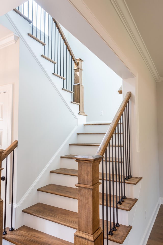 stairs with ornamental molding and hardwood / wood-style flooring