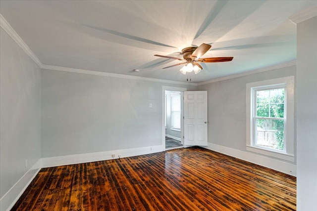 unfurnished room with hardwood / wood-style floors, ceiling fan, and ornamental molding