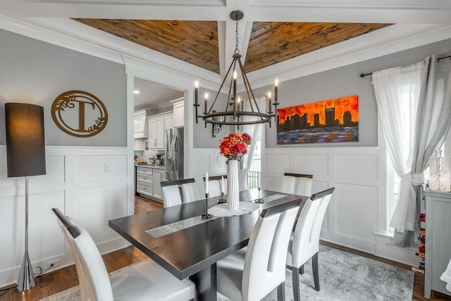 dining space with wood ceiling, a chandelier, plenty of natural light, and dark hardwood / wood-style flooring