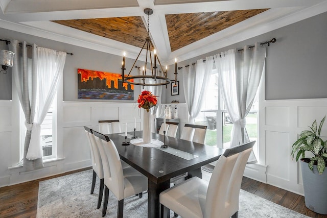 dining area with a notable chandelier, dark hardwood / wood-style flooring, wooden ceiling, and a healthy amount of sunlight