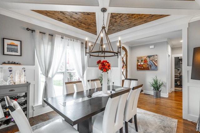 dining space featuring coffered ceiling, ornamental molding, dark hardwood / wood-style flooring, and a chandelier