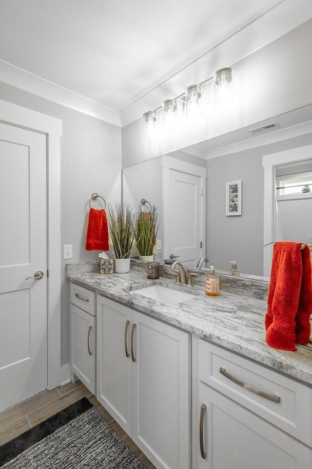 bathroom with wood-type flooring and vanity