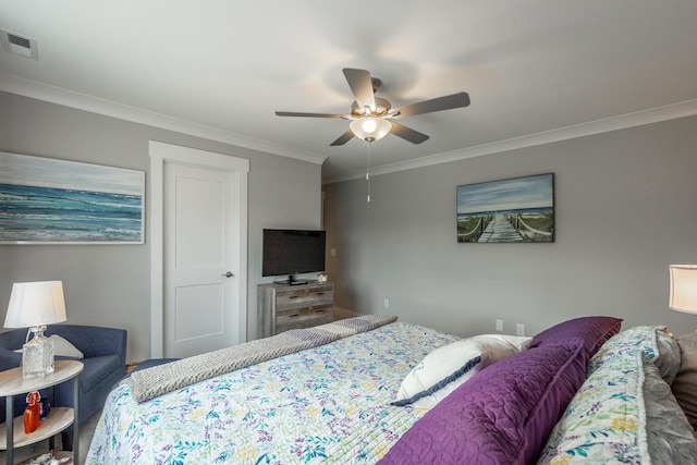 bedroom featuring ceiling fan and ornamental molding