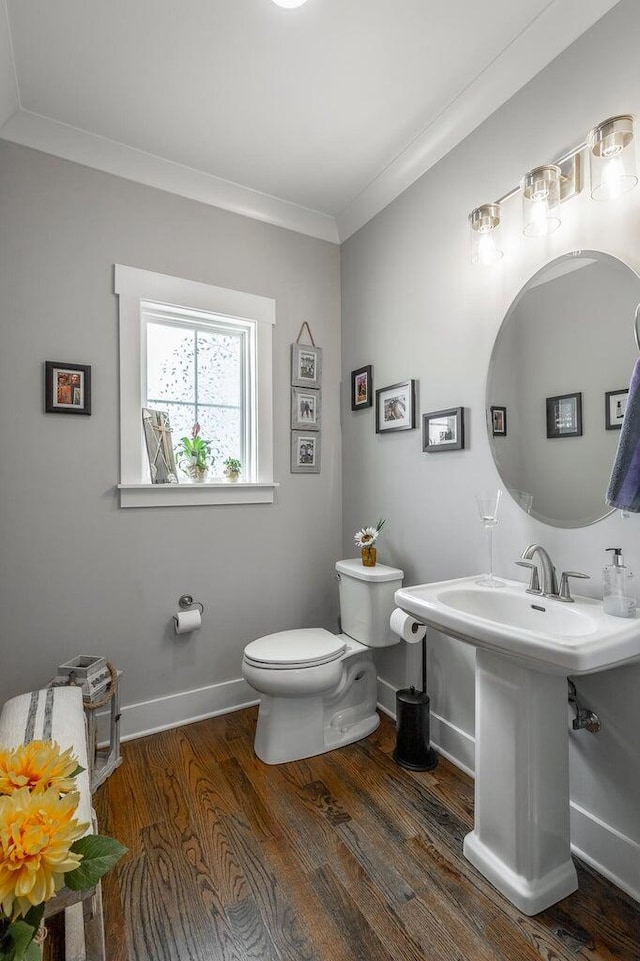 bathroom with wood-type flooring, ornamental molding, and toilet