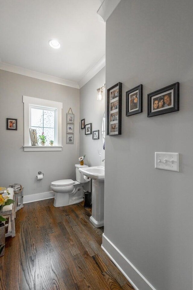 bathroom with wood-type flooring, ornamental molding, and toilet