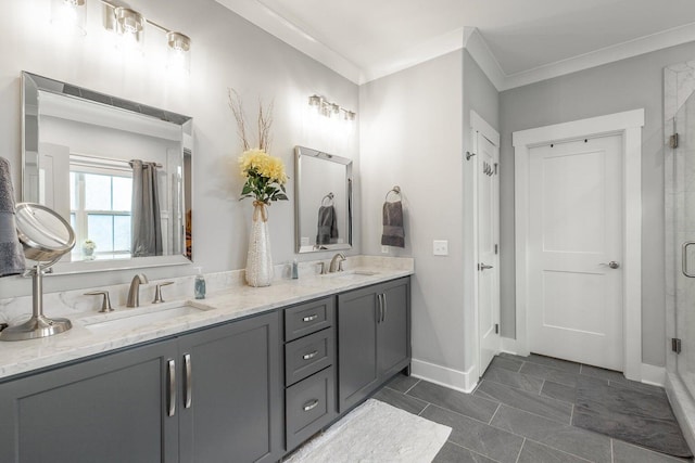 bathroom with vanity, crown molding, and an enclosed shower