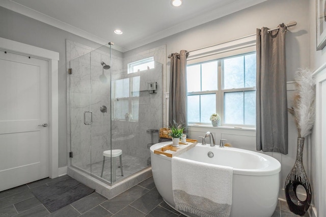 bathroom with ornamental molding, shower with separate bathtub, and tile patterned flooring