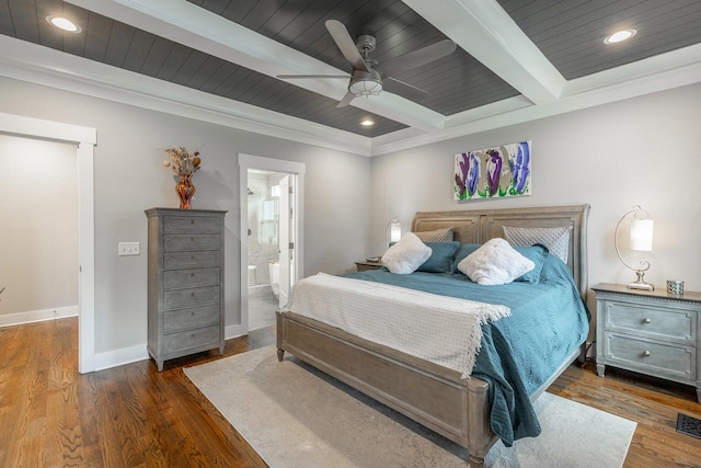 bedroom with dark wood-type flooring, beamed ceiling, crown molding, ceiling fan, and ensuite bathroom