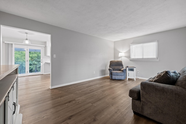 living room featuring a textured ceiling and dark hardwood / wood-style flooring