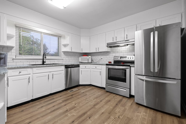 kitchen featuring white cabinetry, stone countertops, stainless steel appliances, wood-type flooring, and sink