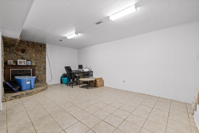 tiled office space with wood walls