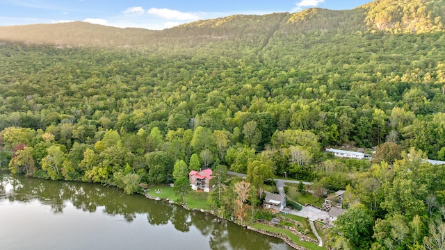 bird's eye view featuring a water and mountain view