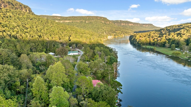 drone / aerial view featuring a water and mountain view