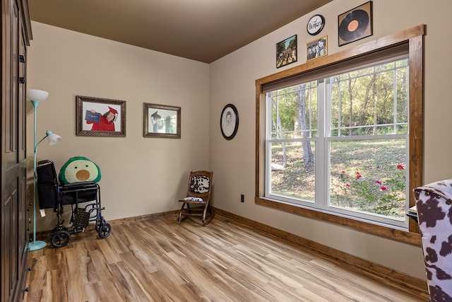 living area with plenty of natural light and light hardwood / wood-style flooring