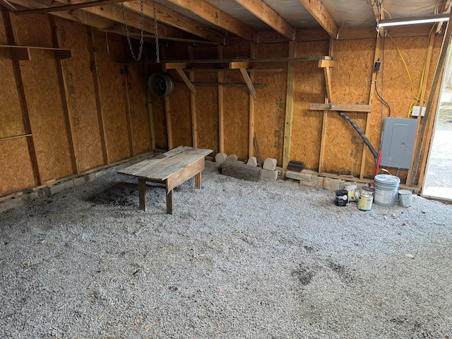 interior space with carpet floors and electric panel