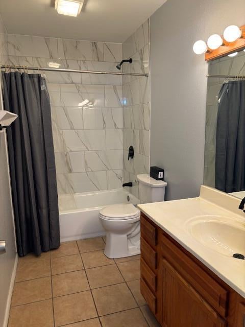 full bathroom featuring shower / tub combo, tile patterned flooring, vanity, and toilet