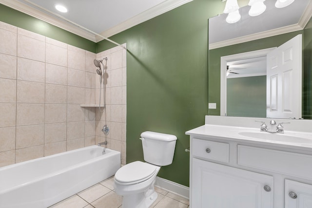 full bathroom with vanity, tiled shower / bath combo, tile patterned flooring, ornamental molding, and toilet