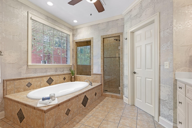 bathroom with vanity, ceiling fan, shower with separate bathtub, ornamental molding, and tile patterned floors