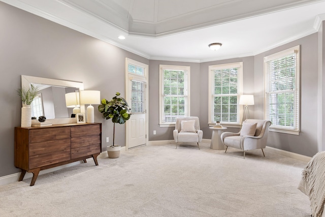 living area with light carpet and crown molding