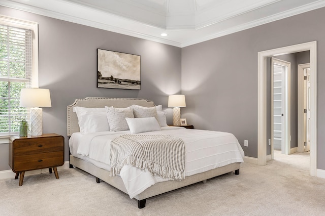 carpeted bedroom with ornamental molding and multiple windows