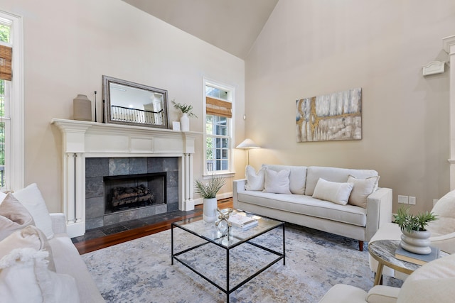 living room featuring high vaulted ceiling, wood-type flooring, plenty of natural light, and a fireplace