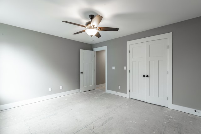 unfurnished bedroom with a closet and ceiling fan