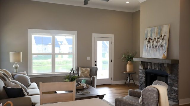 living room with light wood-type flooring, ceiling fan, a healthy amount of sunlight, and a fireplace