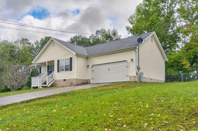 single story home featuring a front yard and a garage