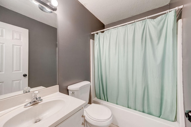 full bathroom featuring vanity, toilet, a textured ceiling, and shower / tub combo with curtain