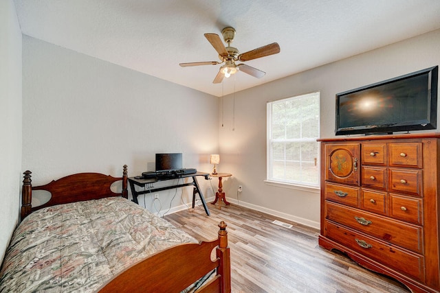 bedroom featuring ceiling fan and light wood-type flooring