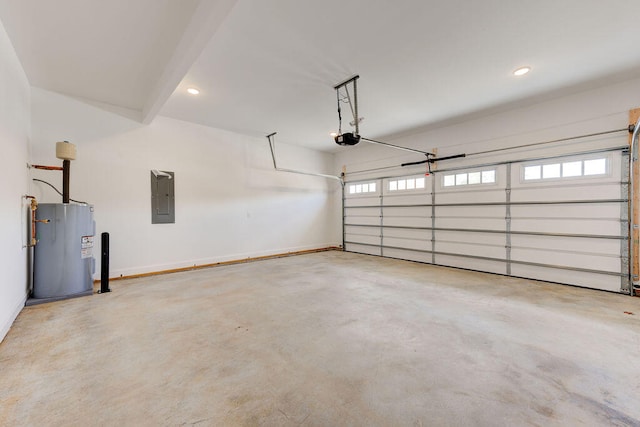 garage featuring electric water heater, electric panel, and a garage door opener