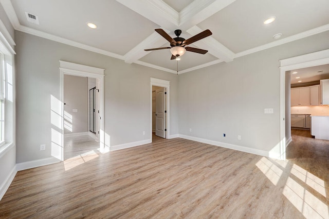 spare room featuring light hardwood / wood-style flooring, beam ceiling, coffered ceiling, crown molding, and ceiling fan