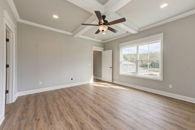 unfurnished bedroom with beam ceiling, ceiling fan, hardwood / wood-style flooring, and crown molding