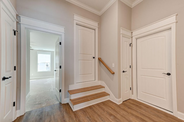 stairway featuring hardwood / wood-style flooring and ornamental molding