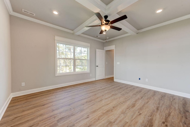 empty room with beamed ceiling, light hardwood / wood-style floors, ceiling fan, and crown molding