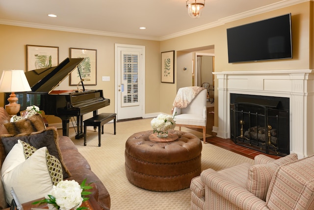 living room with crown molding and light tile patterned flooring