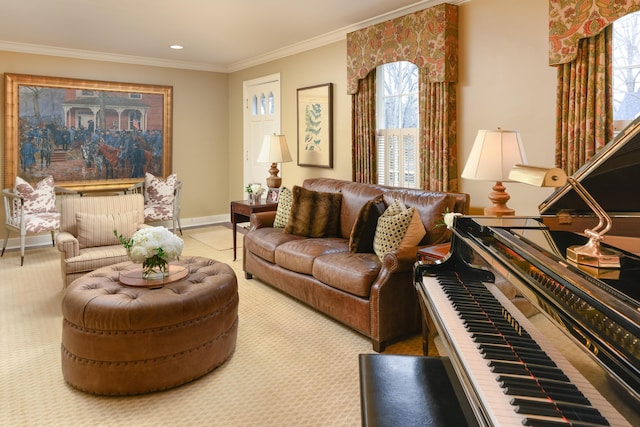 living area with crown molding and carpet flooring