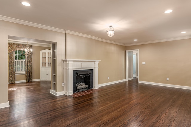 unfurnished living room with ornamental molding, a chandelier, and dark hardwood / wood-style flooring