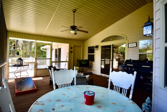 sunroom / solarium featuring ceiling fan, lofted ceiling, and wooden ceiling