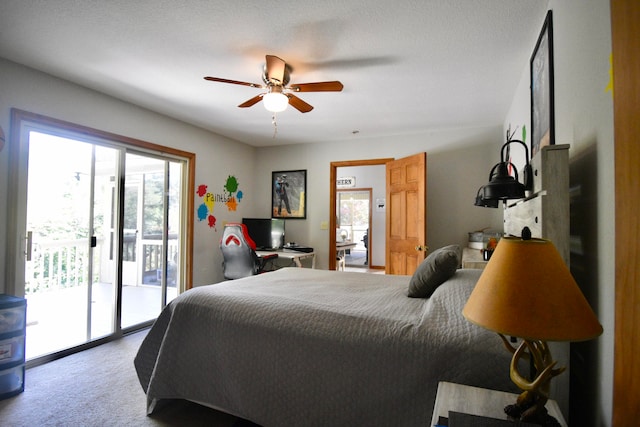 bedroom featuring ceiling fan, access to exterior, carpet flooring, and a textured ceiling