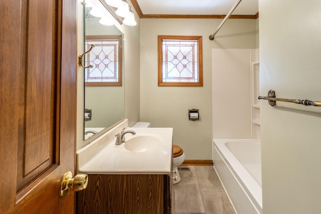 full bathroom with shower / washtub combination, vanity, ornamental molding, toilet, and tile patterned floors