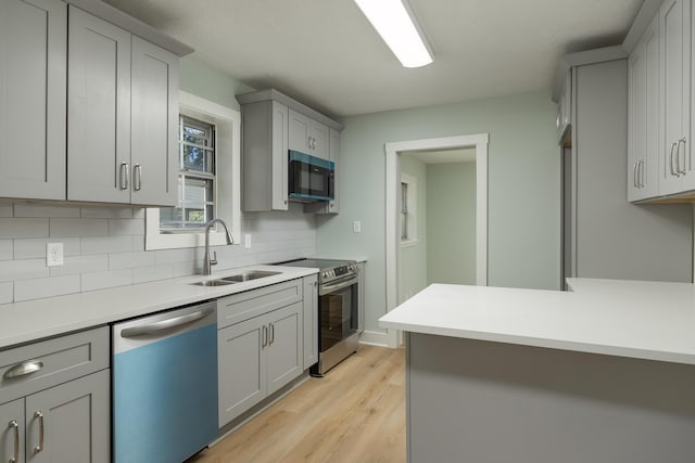 kitchen with sink, stainless steel appliances, backsplash, gray cabinets, and light wood-type flooring