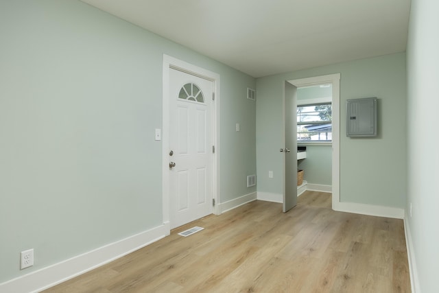 entrance foyer featuring electric panel and light wood-type flooring